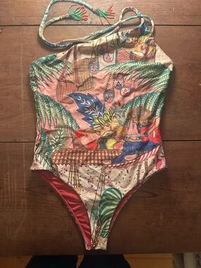 FARM Rio Pink Green Blue Tropical Basket Print One-Piece Swimsuit